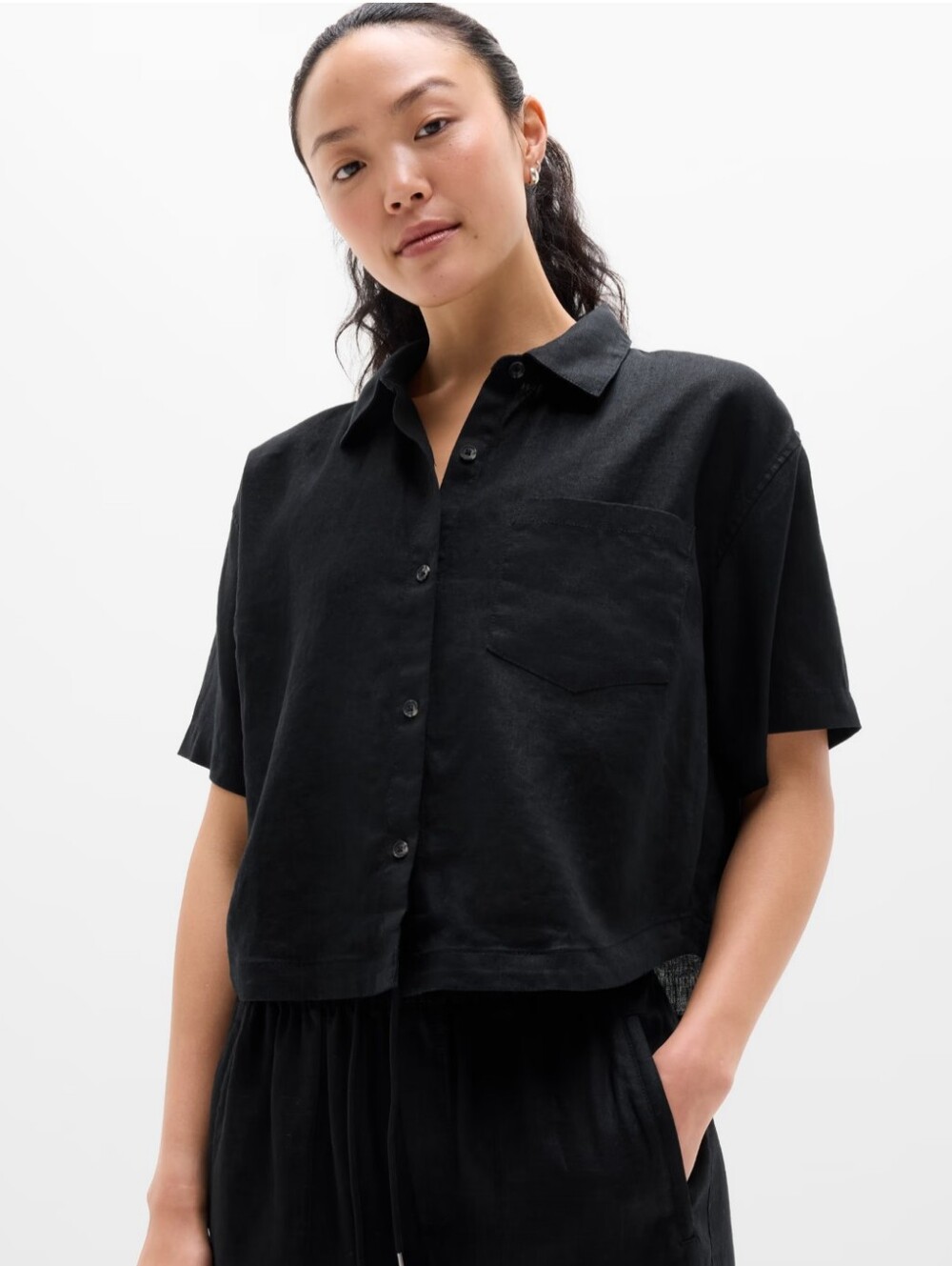Athleta Black Retreat Linen Short Sleeve Camp Button-Down Shirt